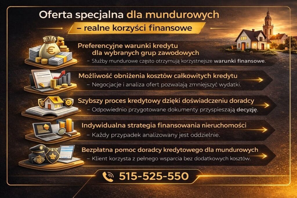 Grafika prezentująca realne korzyści jakie daje kredyt dla mundurowych – preferencyjne warunki finansowania, możliwość obniżenia kosztów kredytu hipotecznego, indywidualna strategia finansowania nieruchomości oraz bezpłatne wsparcie doświadczonego doradcy kredytowego.