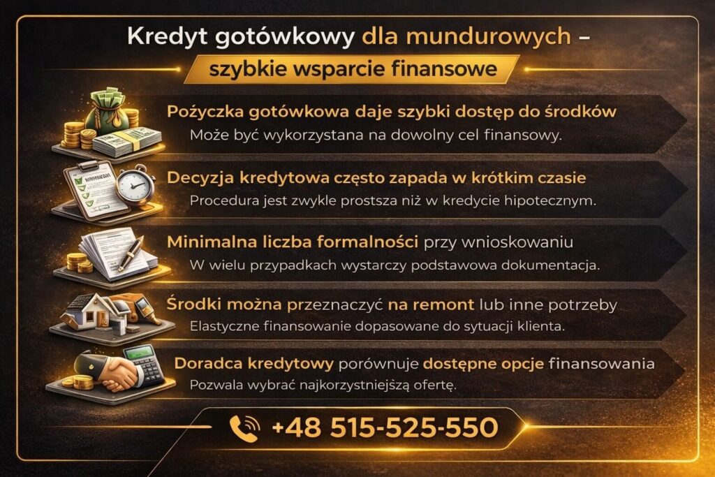 Grafika przedstawiająca szybkie finansowanie jakim jest kredyt dla mundurowych w formie pożyczki gotówkowej – szybka decyzja kredytowa, minimum formalności, możliwość przeznaczenia środków na remont lub dowolny cel oraz porównanie ofert przez doradcę finansowego.