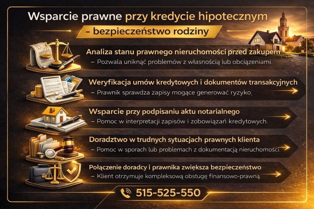 Infografika prezentująca wsparcie prawne przy finansowaniu nieruchomości jakim jest kredyt dla mundurowych – analiza stanu prawnego nieruchomości, weryfikacja umów kredytowych, pomoc przy akcie notarialnym oraz doradztwo prawne zwiększające bezpieczeństwo zakupu.