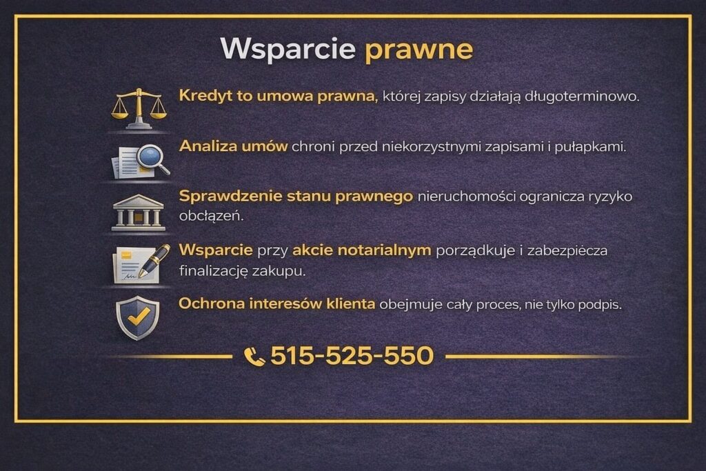 Kredyt dla mundurowych z pełnym wsparciem prawnym. Grafika pokazuje zakres pomocy obejmujący analizę umów kredytowych, sprawdzenie stanu prawnego nieruchomości, ochronę interesów klienta oraz wsparcie przy akcie notarialnym podczas procesu finansowania.