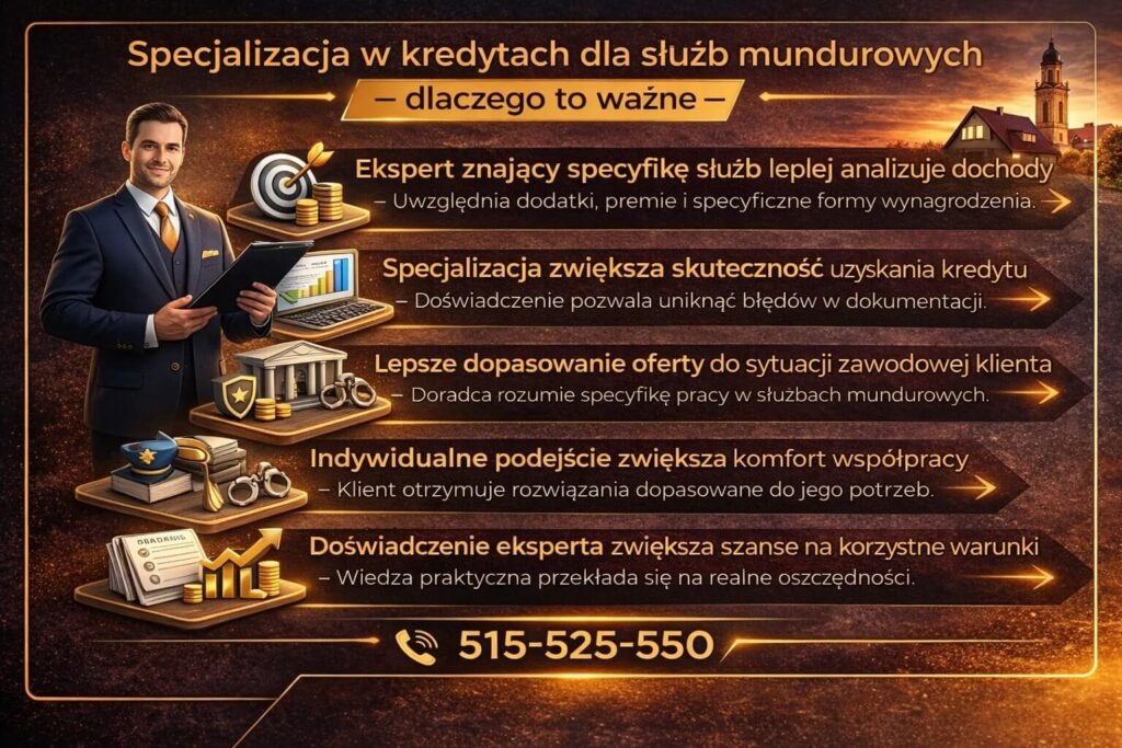 Infografika pokazująca znaczenie specjalizacji doradcy w finansowaniu jakim jest kredyt hipoteczny dla mundurowych – lepsza analiza dochodów i dodatków służbowych, dopasowanie oferty bankowej oraz większa skuteczność uzyskania korzystnych warunków kredytu.