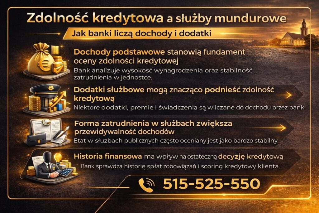 Grafika wyjaśniająca jak banki liczą dochody przy finansowaniu dla służb publicznych takim jak kredyt hipoteczny dla funkcjonariuszy - analiza wynagrodzenia, dodatków służbowych, stabilności zatrudnienia oraz historii kredytowej klienta.