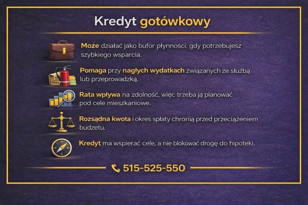 Kredyt gotówkowy jako uzupełnienie finansowania przy planowaniu kredytu hipotecznego dla mundurowych. Grafika pokazuje, jak pożyczka gotówkowa może pełnić rolę bufora płynności przy nagłych wydatkach, zmianie miejsca służby lub przygotowaniu do zakupu nieruchomości.