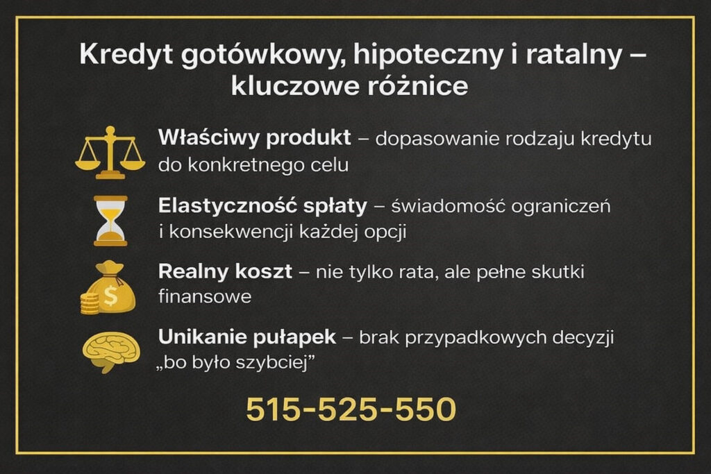 Grafika przedstawia różnice w elastyczności spłaty, kosztach całkowitych i przeznaczeniu środków. Materiał pomaga dobrać właściwy produkt finansowy do celu, uniknąć pułapek i przypadkowych decyzji podejmowanych pod presją czasu.