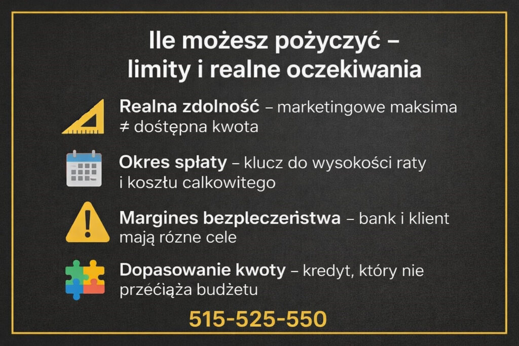 Grafika pokazuje różnicę między marketingowymi deklaracjami a realną zdolnością kredytową. Ilustracja wyjaśnia znaczenie okresu spłaty, marginesu bezpieczeństwa oraz dopasowania kwoty kredytu do faktycznych możliwości budżetu domowego.