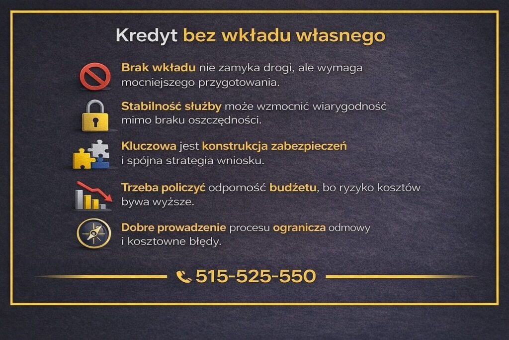 Kredyt hipoteczny dla mundurowych bez wkładu własnego pokazany na infografice z naciskiem na ryzyka i wymagania. Brak oszczędności nie zamyka drogi do finansowania, ale wymaga lepszego przygotowania wniosku, zabezpieczeń oraz analizy odporności budżetu.