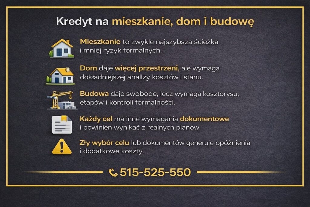 Finansowanie nieruchomości dla służb mundurowych obejmujące zakup mieszkania, domu lub budowę. Grafika porównuje cele mieszkaniowe pod kątem dokumentów, kosztów i ryzyk formalnych, pokazując jak właściwy wybór wpływa na sprawność procesu kredytowego.