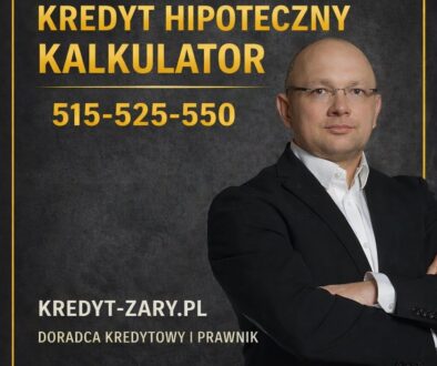 Doradca kredytowy i prawnik prezentujący temat kredytu hipotecznego i kalkulatora kredytowego. Grafika pokazuje różnicę między prostą symulacją raty a realną analizą kredytu hipotecznego, uwzględniającą zdolność kredytową, ryzyko, koszty długoterminowe oraz decyzję banku