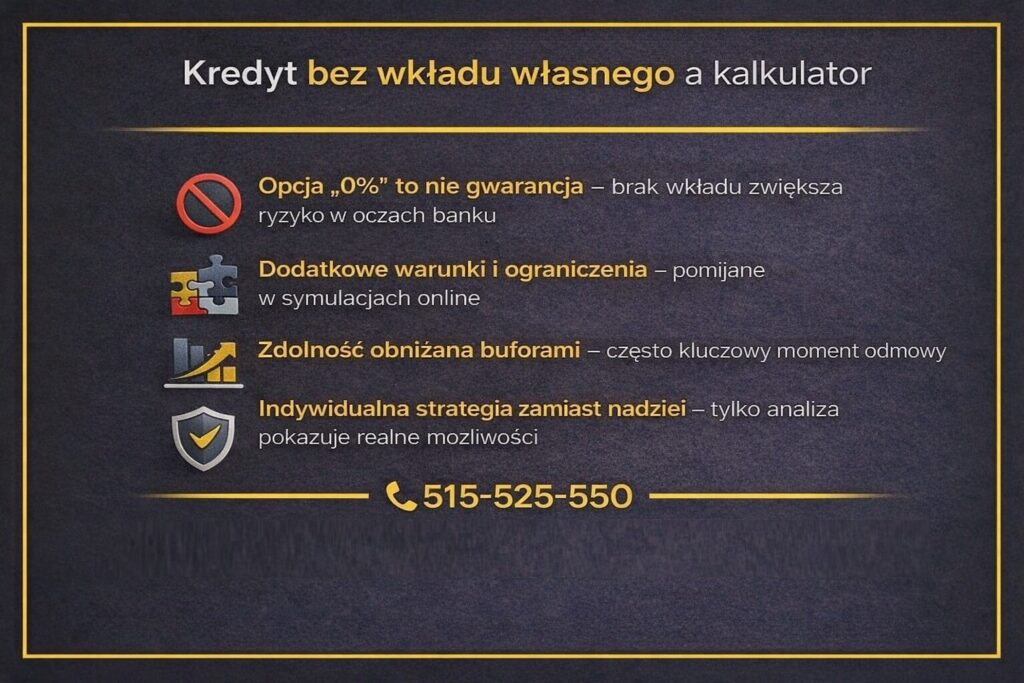 Kredyt hipoteczny bez wkładu własnego w zestawieniu z kalkulatorem online. Infografika pokazuje, że opcja 0% nie jest gwarancją, a kalkulator pomija dodatkowe warunki, bufory bankowe oraz ryzyka wpływające na decyzję kredytową.
