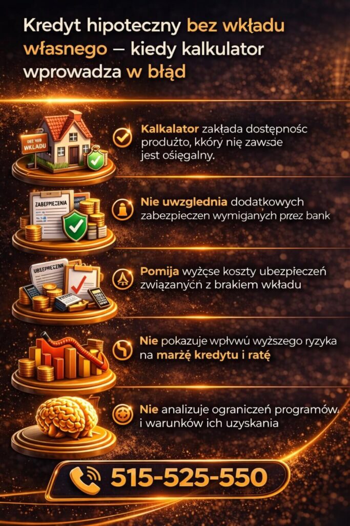 Kalkulator kredytu na mieszkanie bez wkładu własnego nie pokazuje realnych kosztów i wymagań banków. Doradca kredytowy pomaga znaleźć rozwiązanie dopasowane do sytuacji klienta i ograniczeń programu.