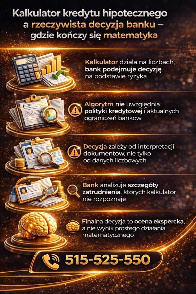Kalkulator kredytowy a decyzja banku – narzędzie liczy liczby, ale bank ocenia ryzyko, dokumenty i stabilność dochodu. Ostateczna decyzja to analiza ekspercka, nie wynik matematyczny.