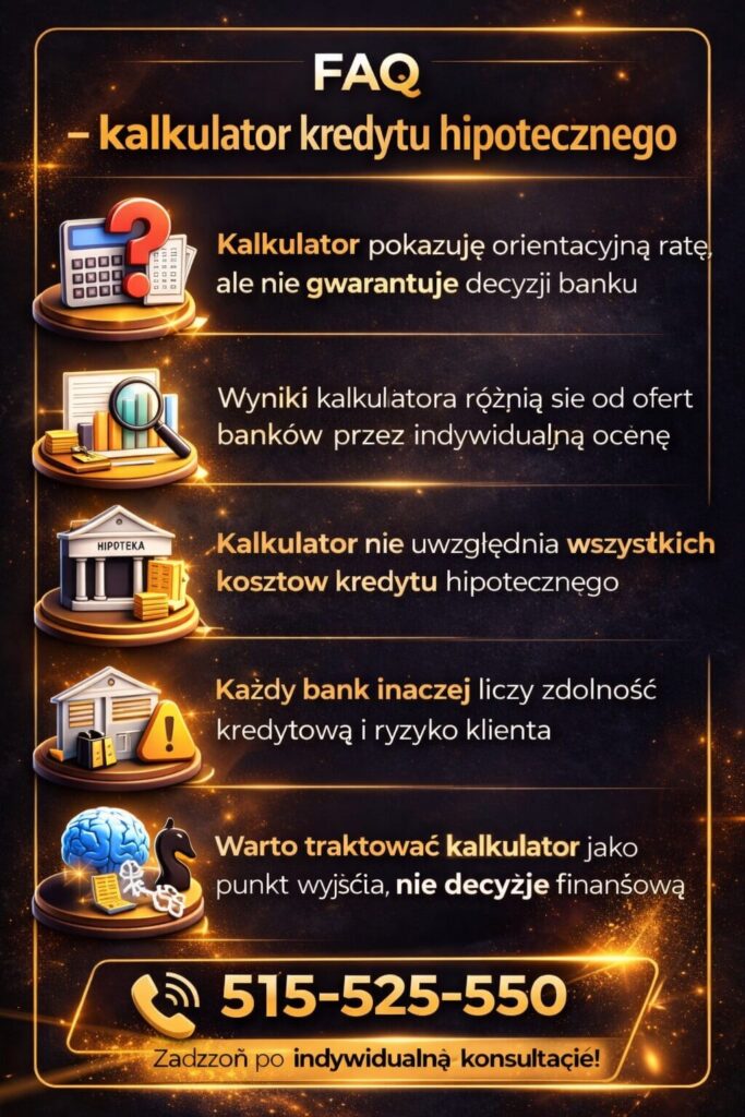 FAQ dotyczące kalkulatora kredytu hipotecznego – narzędzie pokazuje orientacyjne raty, ale nie uwzględnia wszystkich kosztów i decyzji banku. Warto traktować je jako punkt wyjścia, a nie podstawę decyzji finansowej.