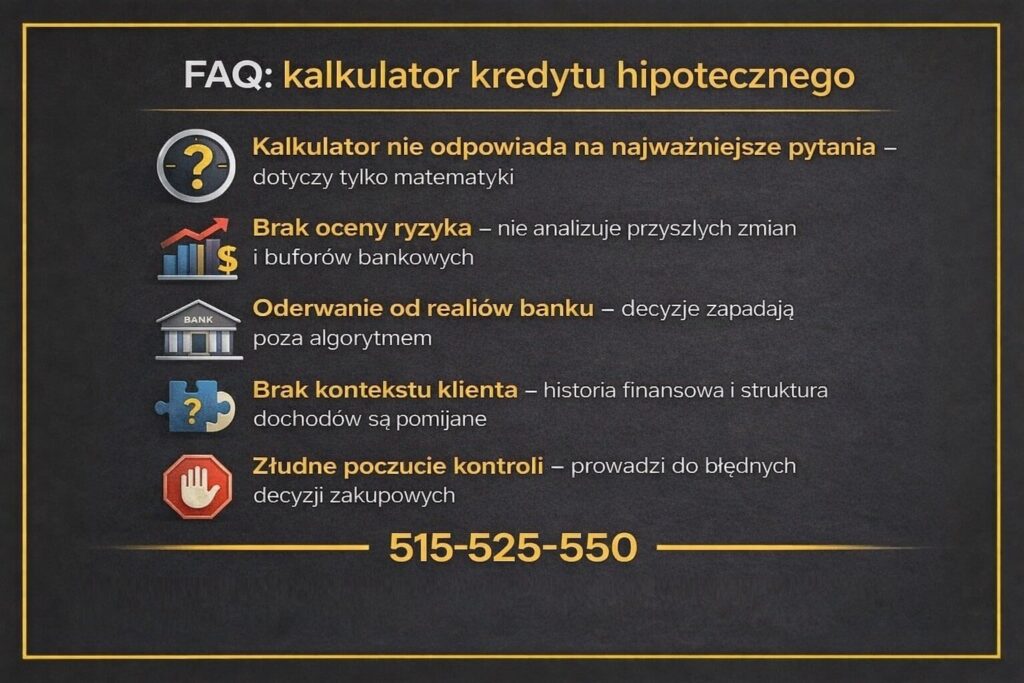 Kalkulator kredytu hipotecznego w formie FAQ pokazujący ograniczenia narzędzi online. Grafika wyjaśnia, że kalkulator opiera się wyłącznie na matematyce, nie analizuje ryzyka, buforów bankowych ani realnych decyzji kredytowych podejmowanych przez bank.