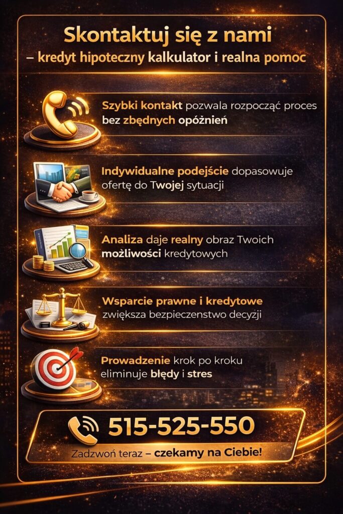 Skontaktuj się z ekspertem i sprawdź, jak kredyt hipoteczny kalkulator różni się od realnej analizy zdolności kredytowej. Doradca kredytowy pomoże dobrać najlepszą ofertę, przeprowadzi proces krok po kroku i zapewni wsparcie prawne oraz bezpieczeństwo decyzji.