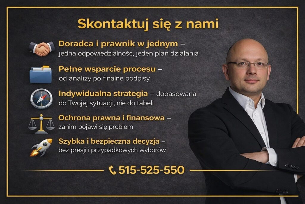 Kalkulator kredytu hipotecznego nie zastąpi indywidualnej analizy doradcy i prawnika. Grafika prezentuje bezpieczny proces kredytowy oparty na jednej odpowiedzialności, strategii dopasowanej do sytuacji klienta oraz pełnym wsparciu od analizy do podpisania umowy.