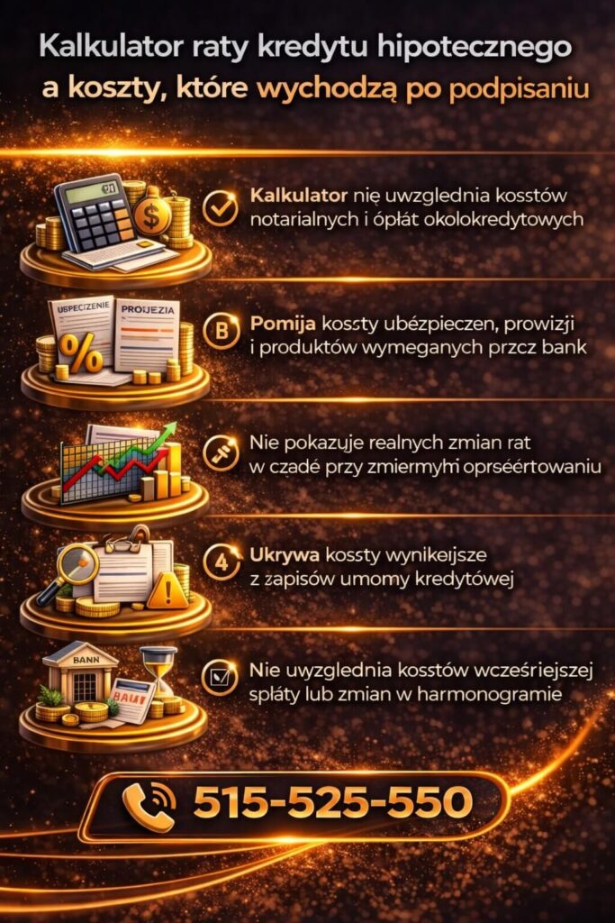 Kredyt hipoteczny kalkulator nie uwzględnia wszystkich kosztów, takich jak prowizje, ubezpieczenia i opłaty notarialne. Grafika pokazuje, dlaczego analiza doradcy kredytowego daje realny obraz finansowania i pozwala uniknąć ukrytych kosztów kredytu.