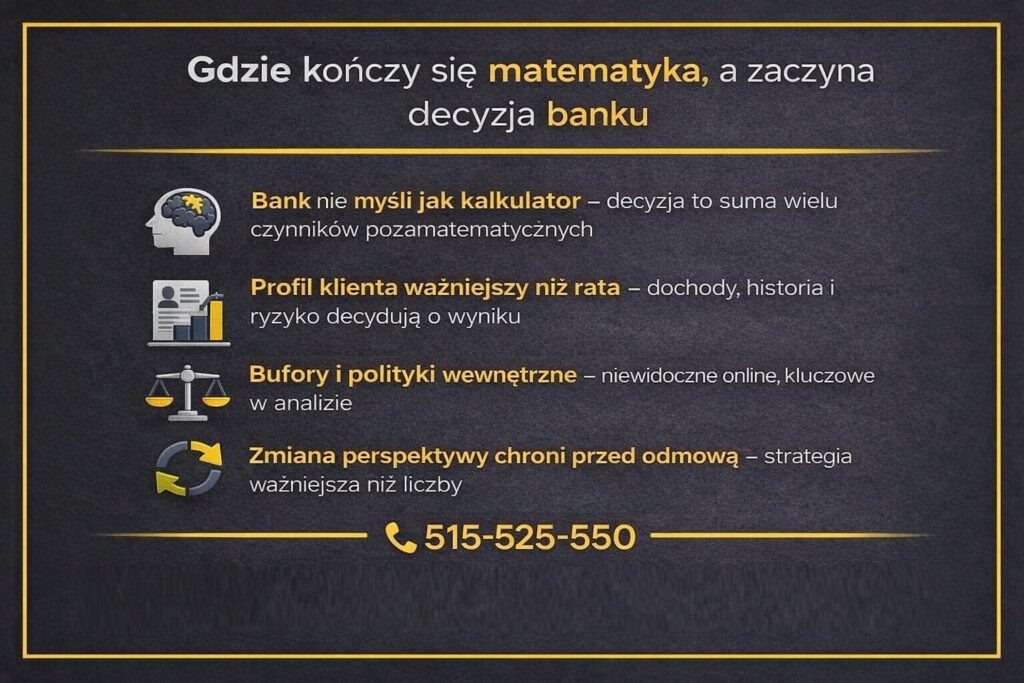 Obliczenia raty hipotecznej online nie oddają sposobu, w jaki bank faktycznie podejmuje decyzję kredytową. Grafika pokazuje, że kluczowe są profil klienta, historia finansowa, polityka wewnętrzna banku i bufory ryzyka, a nie sama matematyka kalkulatora.