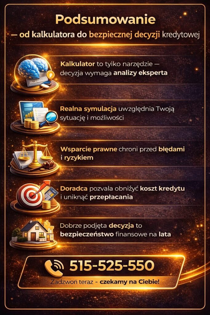 Podsumowanie pokazuje, że kredyt hipoteczny kalkulator to tylko narzędzie, a realna decyzja wymaga wsparcia eksperta. Doradca kredytowy i prawnik zwiększają bezpieczeństwo, obniżają koszty i pomagają uniknąć błędów finansowych.