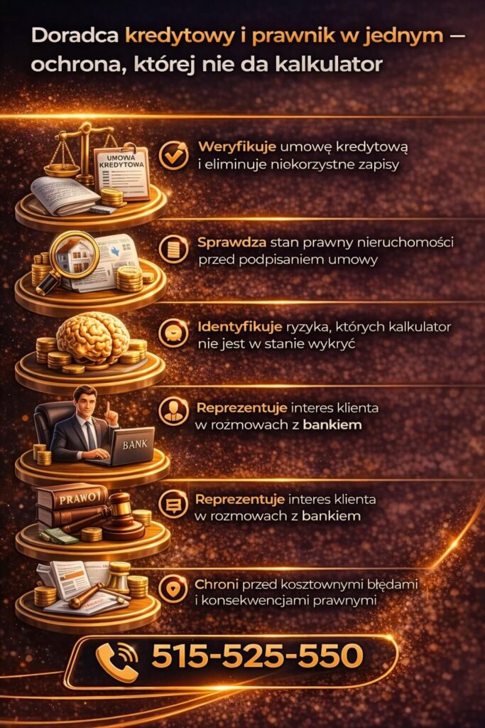 Kredyt hipoteczny kalkulator nie analizuje ryzyka prawnego. Doradca będący prawnikiem sprawdza umowę kredytową, stan nieruchomości oraz eliminuje niekorzystne zapisy, co chroni klienta przed kosztownymi błędami i problemami prawnymi.