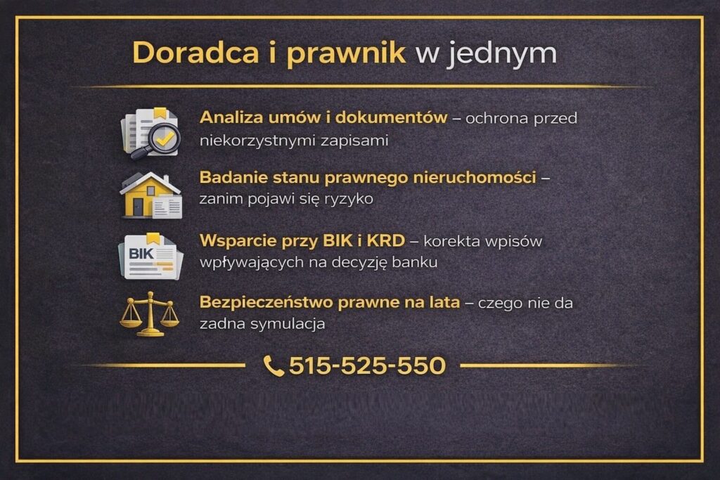 Kalkulator kredytu hipotecznego nie analizuje umów ani stanu prawnego nieruchomości. Grafika pokazuje przewagę połączenia doradcy kredytowego i prawnika, który weryfikuje zapisy umowne, BIK, KRD oraz zabezpieczenia, chroniąc klienta przed ryzykiem finansowym.