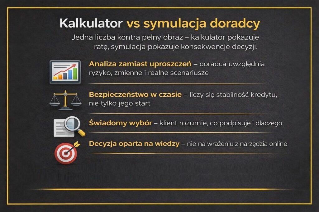 Porównanie: kalkulator kredytu hipotecznego a symulacja doradcy. Grafika pokazuje różnicę między jedną ratą z kalkulatora a pełną analizą konsekwencji kredytu, obejmującą ryzyko, stabilność finansową i świadomy wybór klienta.