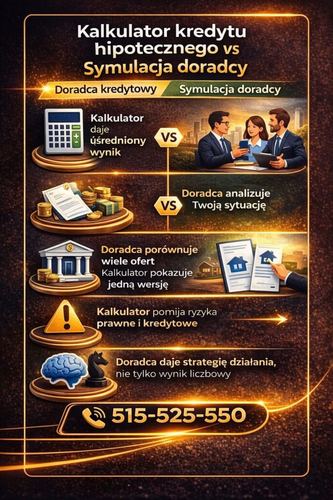 Porównanie: kalkulator kredytu hipotecznego online vs analiza doradcy. Ekspert uwzględnia zdolność kredytową, ryzyka i negocjacje, dzięki czemu klient otrzymuje realną strategię zamiast uproszczonego wyniku.