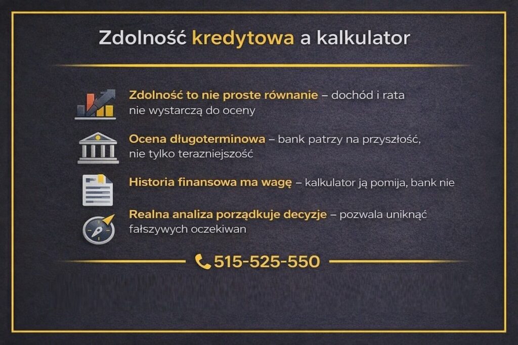 Obliczanie zdolności kredytowej przy użyciu kalkulatora kredytowego kontra realna ocena banku. Grafika pokazuje, że dochód i rata to za mało, a bank analizuje historię finansową, przyszłość dochodów i długoterminowe bezpieczeństwo decyzji.