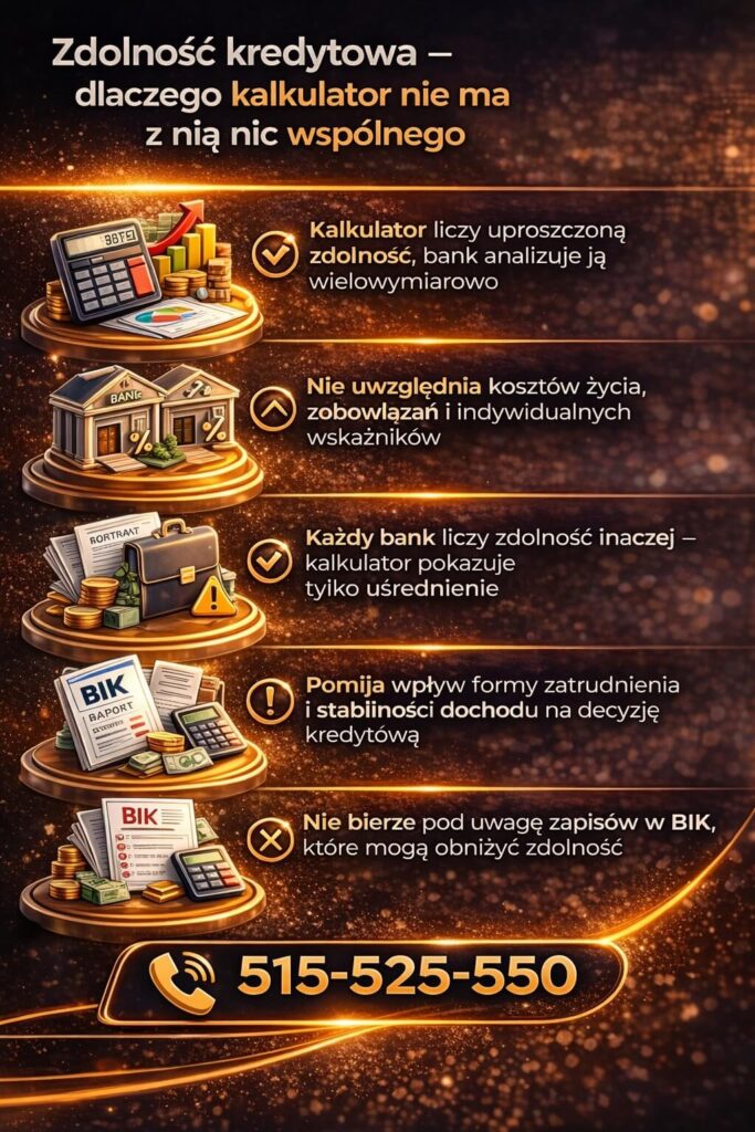 Zdolność kredytowa a kalkulator kredytu hipotecznego – grafika pokazuje, że bank analizuje dochody, historię BIK i zobowiązania indywidualnie, a narzędzia online podają jedynie uproszczone szacunki.
