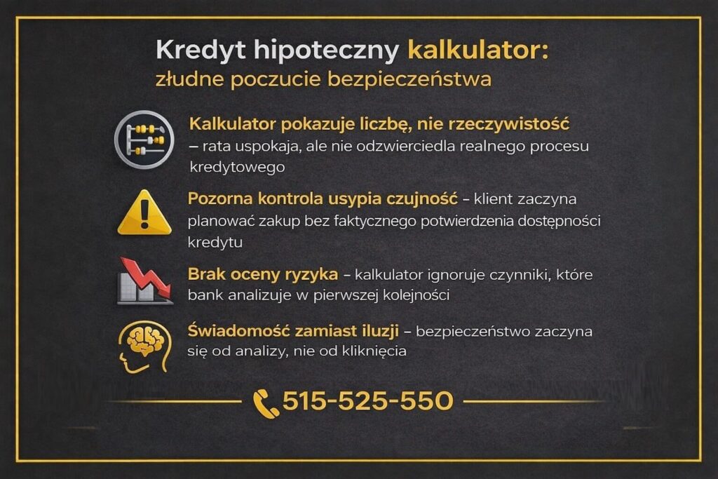 Kalkulator do kredytu hipotecznego jako źródło złudnego poczucia bezpieczeństwa. Infografika pokazuje, że narzędzie prezentuje jedynie liczbę raty, pomijając ocenę ryzyka, realną dostępność finansowania i czynniki kluczowe dla decyzji banku.