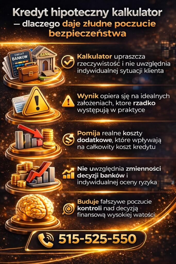Dlaczego kalkulator rat kredytu hipotecznego daje złudne poczucie bezpieczeństwa? Nie uwzględnia zmienności ofert banków, kosztów dodatkowych i indywidualnej sytuacji klienta, co może prowadzić do błędnych decyzji.