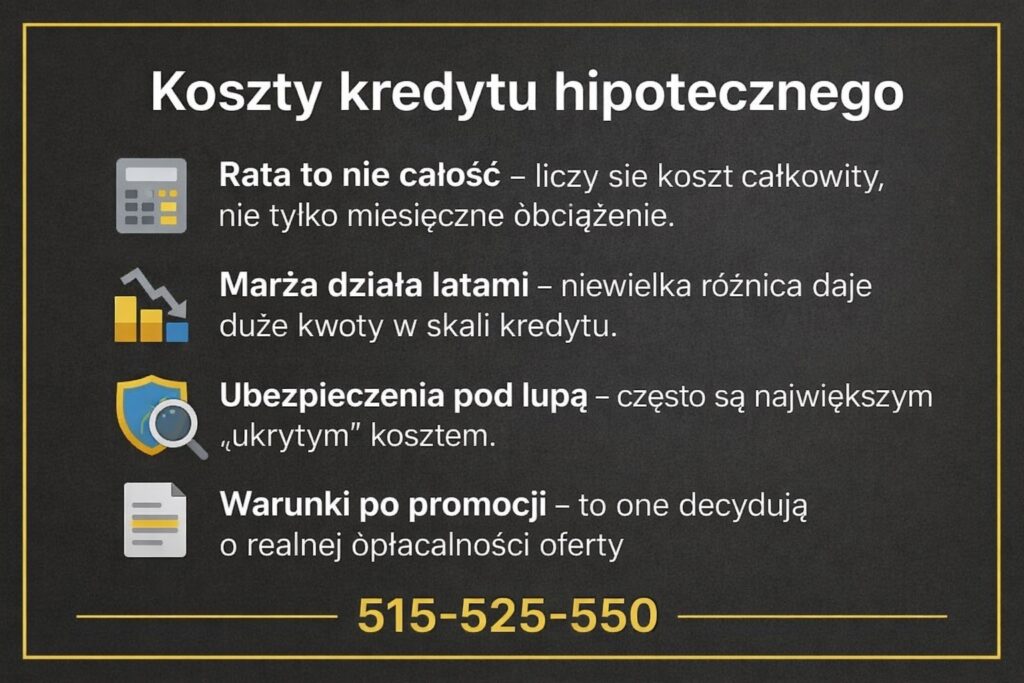 Całkowity koszt finansowania nieruchomości, analiza raty, marży, ubezpieczeń i warunków po promocji, porównanie ofert kredytów mieszkaniowych pod kątem realnej opłacalności, identyfikacja ukrytych kosztów, świadoma decyzja finansowa z doradcą