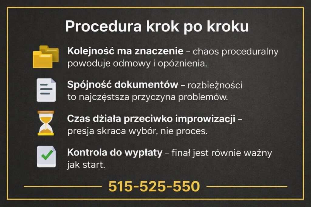 Procedura kredytu hipotecznego krok po kroku, uporządkowany proces uzyskania finansowania, kolejność działań, spójność dokumentów i kontrola do wypłaty środków, bezpieczny kredyt hipoteczny z doradcą, eliminacja błędów formalnych, wsparcie eksperta na każdym etapie procesu