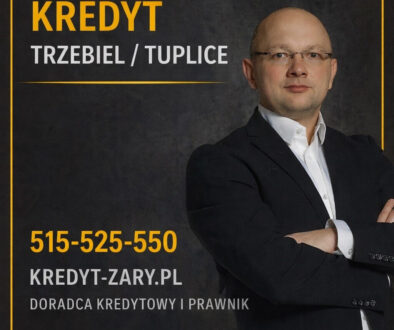kredyt Tuplice i Trzebiel grafika promocyjna doradca kredytowy i prawnik na ciemnym tle w złotej ramce napis kredyt Trzebiel Tuplice numer telefonu 515 525 550 wsparcie w kredycie hipotecznym 2026r analiza zdolności negocjacje i weryfikacja umowy