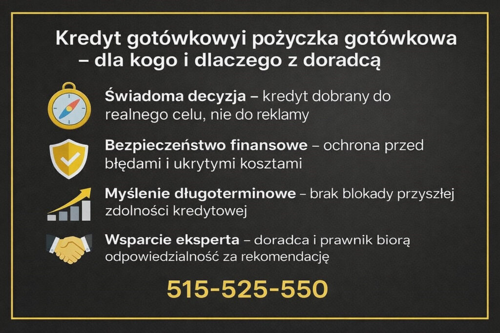 Grafika pokazuje znaczenie świadomej decyzji finansowej, ochrony przed ukrytymi kosztami oraz myślenia długoterminowego. Materiał podkreśla rolę eksperta, który analizuje potrzeby klienta i bierze odpowiedzialność za rekomendację.
