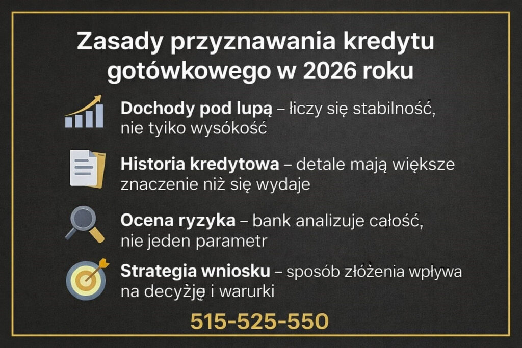 Grafika przedstawia kluczowe kryteria oceny banku, takie jak stabilność dochodów, historia kredytowa i całościowa analiza ryzyka. Ilustracja pokazuje, że sposób złożenia wniosku realnie wpływa na decyzję i warunki finansowania.