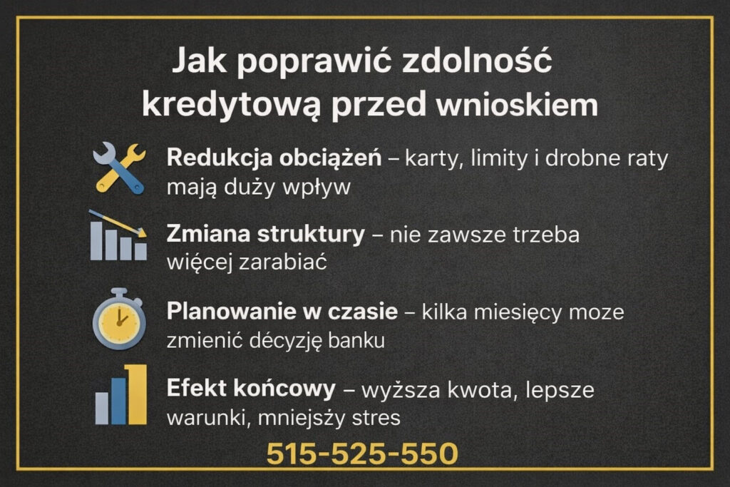 Grafika pokazuje znaczenie redukcji obciążeń, zmiany struktury zobowiązań i planowania w czasie. Ilustracja podkreśla, że kilka miesięcy świadomych działań może przełożyć się na wyższą kwotę i lepsze warunki.