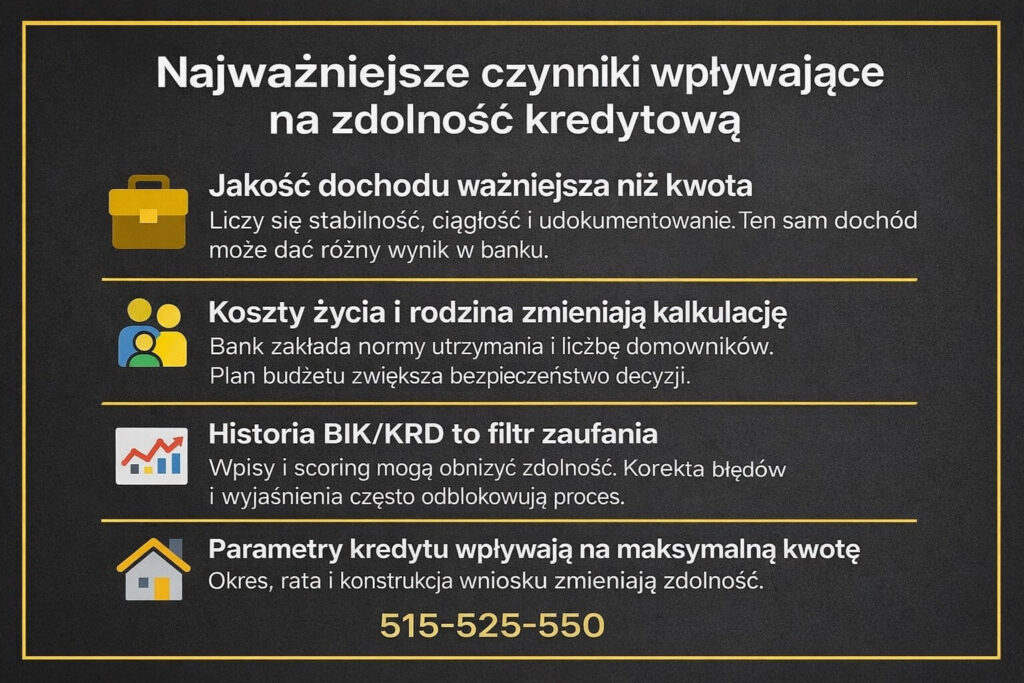 Zdolnosc kredytowa 2026 - infografika: najwazniejsze czynniki wplywajace na wynik banku. Jakosc dochodu, koszty zycia i rodzina, historia BIK KRD, parametry kredytu. Grafika na ciemnym tle z ikonami i numerem 515-525-550, pomoc przy kredycie hipotecznym. Wszystko w 4 krokach