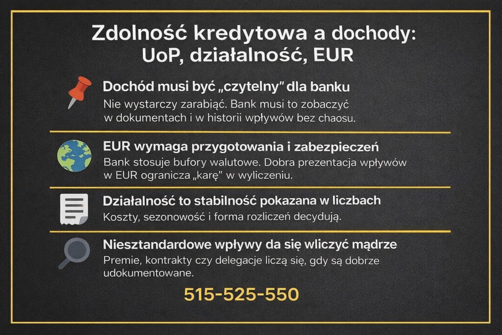 Zdolnosc kredytowa a dochody - grafika 2:1 o tym, jak bank ocenia UoP, dzialalnosc i zarobki w EUR. Dochod musi byc czytelny w dokumentach, waluta wymaga buforow, a niestandardowe wplywy licza sie przy dobrej historii. Numer 515-525-550. Ikony pionowo ciemne tlo, zlota ramka