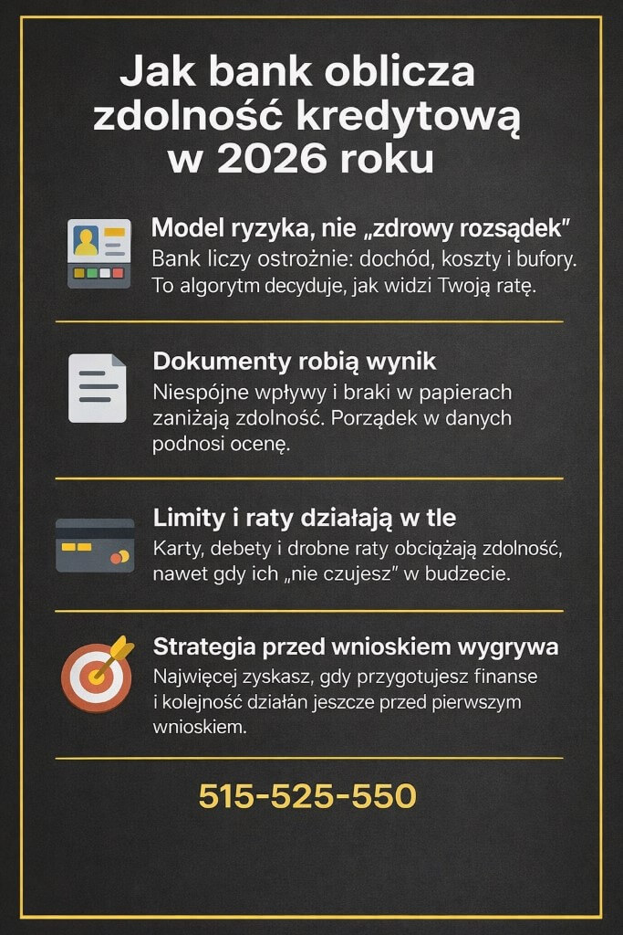 Zdolnosc kredytowa 2026 - jak bank ja oblicza. Infografika pokazuje: model ryzyka zamiast intuicji, znaczenie dokumentow, wplyw limitow i rat oraz strategie przed wnioskiem. Ciemne tlo, ikony w kolumnie i numer 515-525-550. Przygotuj kredyt hipoteczny bez bledow juz od razu!