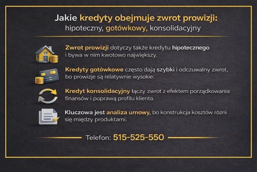Zwrot prowizji obejmuje kredyt hipoteczny, gotówkowy oraz konsolidacyjny. Infografika pokazuje, że w hipotece zwrot bywa najwyższy, kredyty gotówkowe dają szybki efekt, a konsolidacja łączy odzyskanie prowizji z porządkowaniem finansów i poprawą profilu kredytowego klienta
