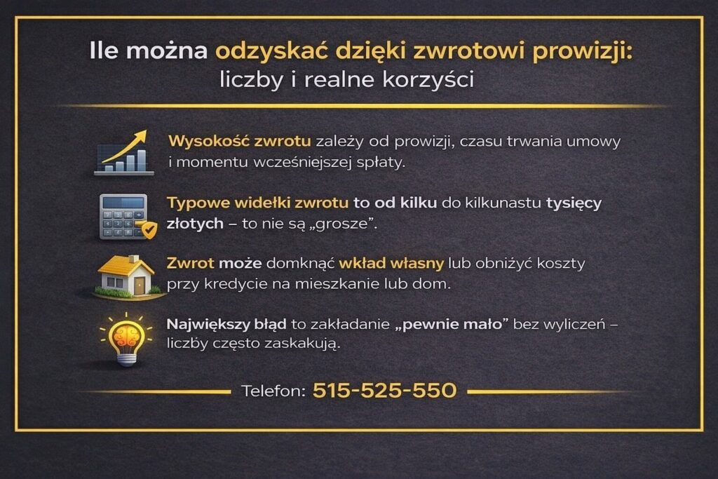 Odzyskanie prowizji bankowej po wcześniejszej spłacie kredytu może wynosić od kilku do kilkunastu tysięcy złotych. Grafika pokazuje, od czego zależy wysokość zwrotu, jak wpływa na wkład własny lub koszty kredytu mieszkaniowego oraz dlaczego nie warto zakładać, że kwota będzie niewielka