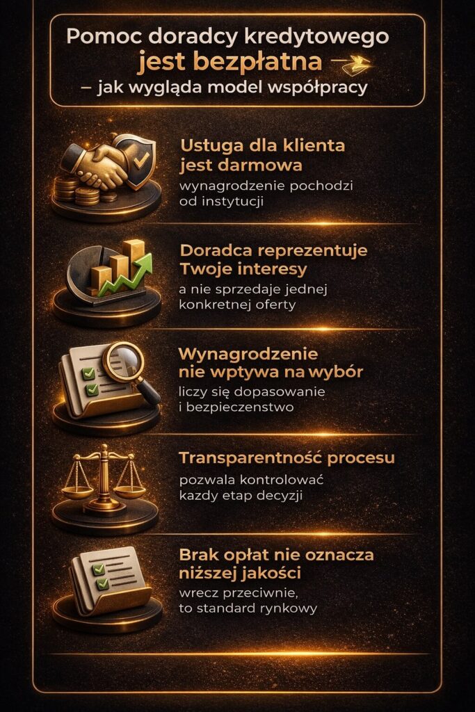 Doradca kredytowy oferuje bezpłatne wsparcie dla klienta, ponieważ wynagrodzenie pochodzi od banku. Reprezentuje interes klienta, zapewnia transparentność procesu i dobiera najlepsze rozwiązanie kredytowe bez wpływu prowizji na wybór oferty.