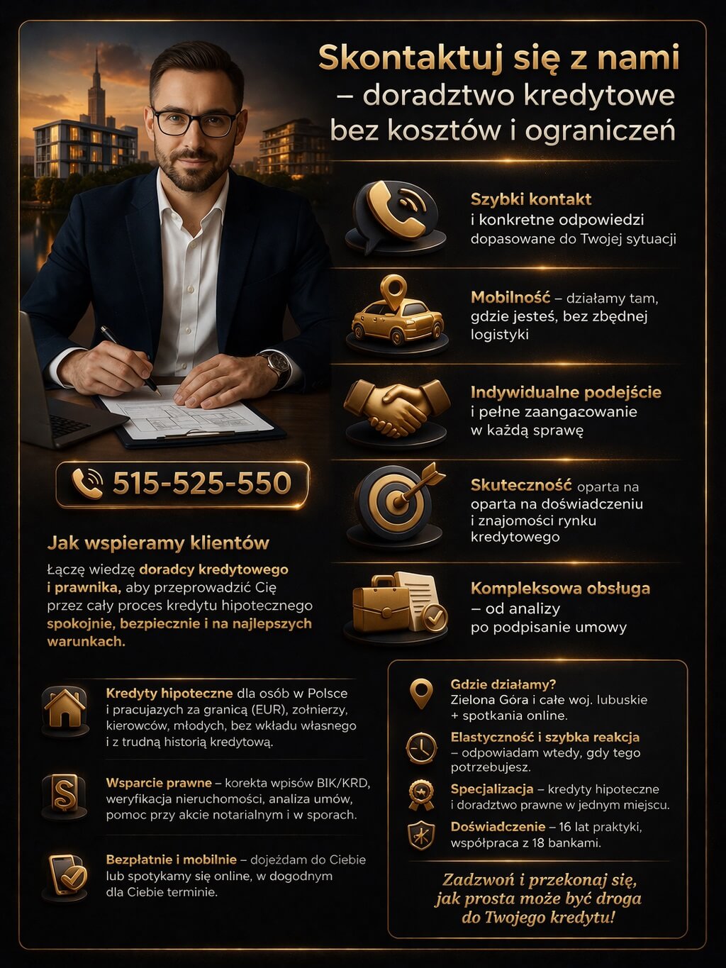 Doradztwo kredytowe bez kosztów i ograniczeń – profesjonalna pomoc w analizie, wyborze oferty i formalnościach. Mobilność, indywidualne podejście i doświadczenie eksperta zwiększają szanse na uzyskanie korzystnego kredytu hipotecznego.
