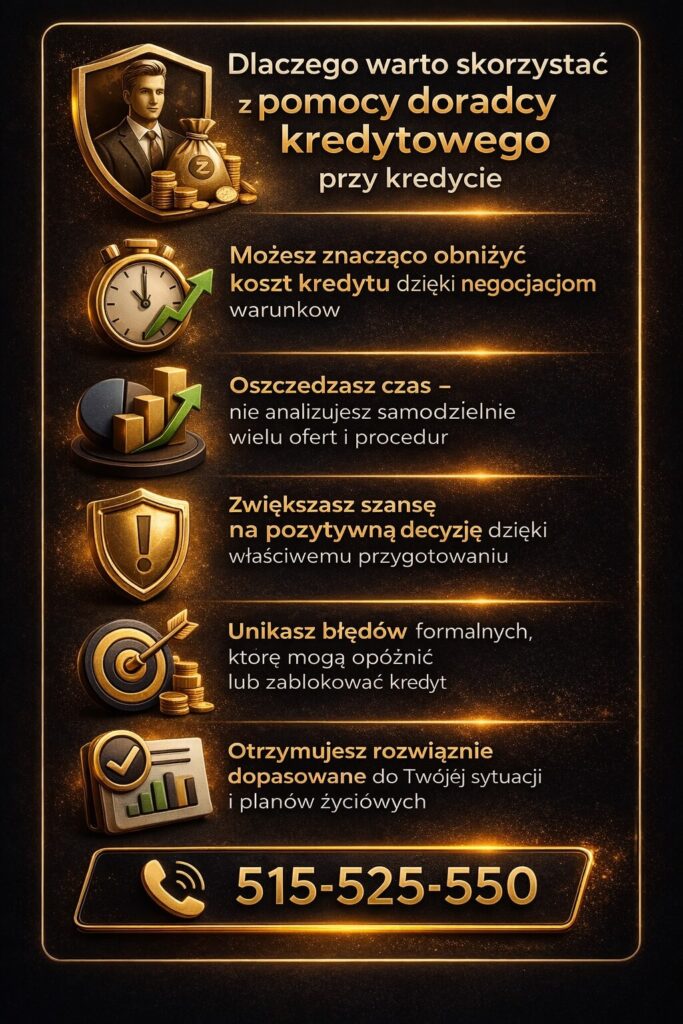 Doradca kredytowy pomaga obniżyć koszt kredytu poprzez negocjacje, oszczędza czas i zwiększa szanse na pozytywną decyzję banku. Klient unika błędów formalnych i otrzymuje ofertę dopasowaną do swojej sytuacji oraz celów życiowych.
