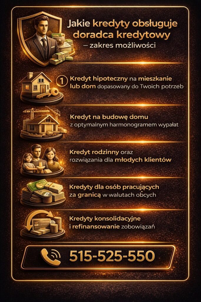 Ekspert kredytowy oferuje szeroki zakres finansowania – kredyt hipoteczny na mieszkanie, budowę domu, kredyt rodzinny oraz rozwiązania dla osób pracujących za granicą. Pomaga także w konsolidacji zobowiązań i dopasowaniu oferty do potrzeb klienta.