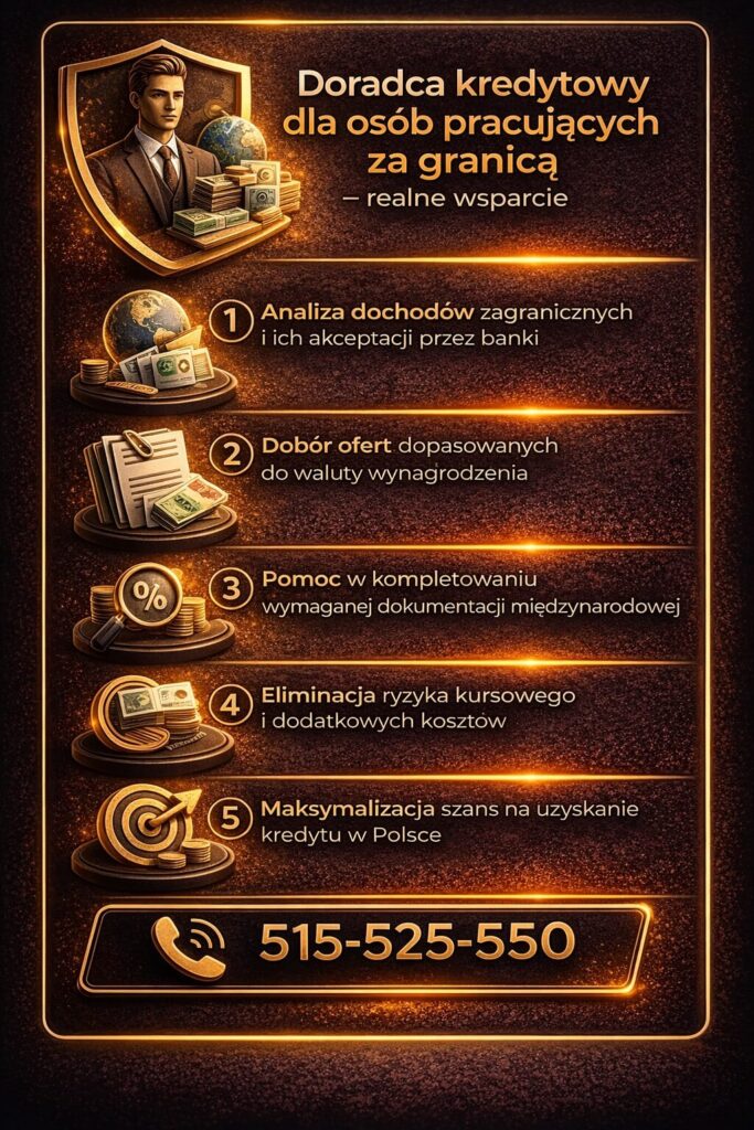 Pośrednik kredytowy wspiera osoby pracujące za granicą w uzyskaniu kredytu hipotecznego w Polsce. Analizuje dochody w walutach obcych, dobiera odpowiednie oferty i minimalizuje ryzyko kursowe oraz dodatkowe koszty.