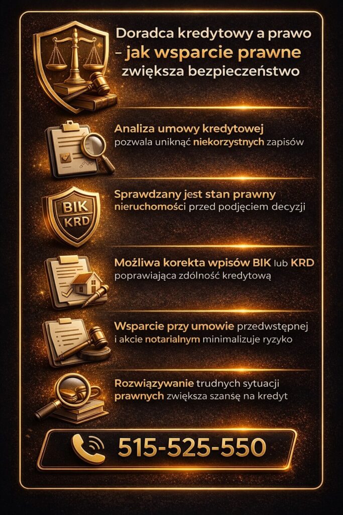 Doradca kredytowy z wiedzą prawną analizuje umowę kredytową, sprawdza stan nieruchomości i pomaga w korekcie wpisów BIK oraz KRD. Wsparcie przy akcie notarialnym i trudnych sytuacjach prawnych zwiększa bezpieczeństwo całej transakcji.