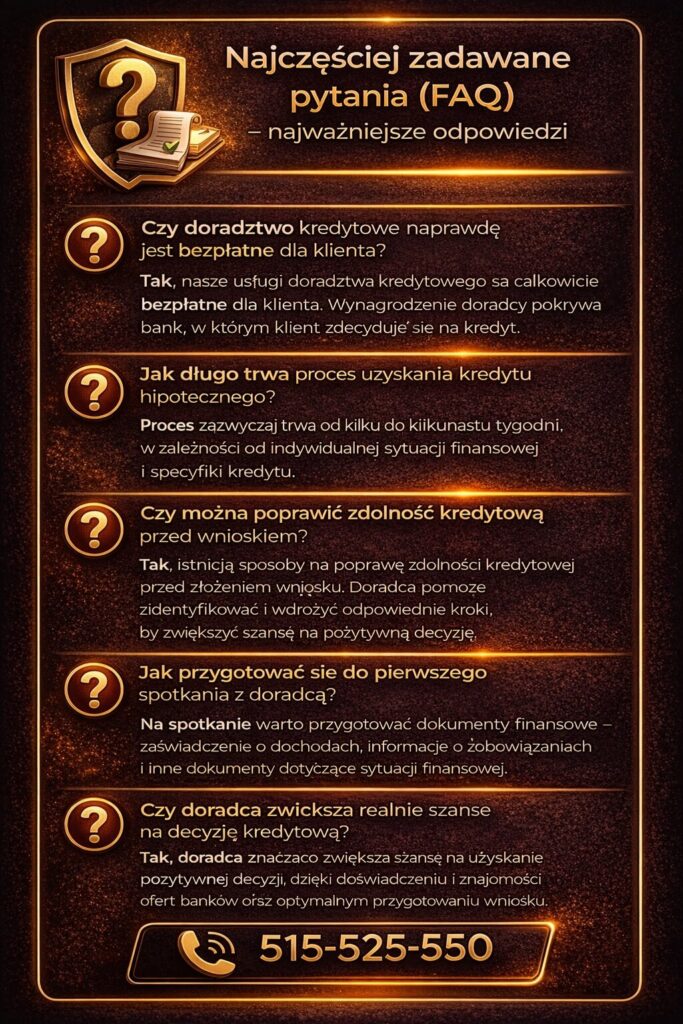 Specjalista kredytowy odpowiada na najczęstsze pytania klientów dotyczące kosztów doradztwa, czasu oczekiwania na decyzję oraz możliwości poprawy zdolności kredytowej. Wyjaśnia proces i pomaga przygotować się do pierwszego spotkania.