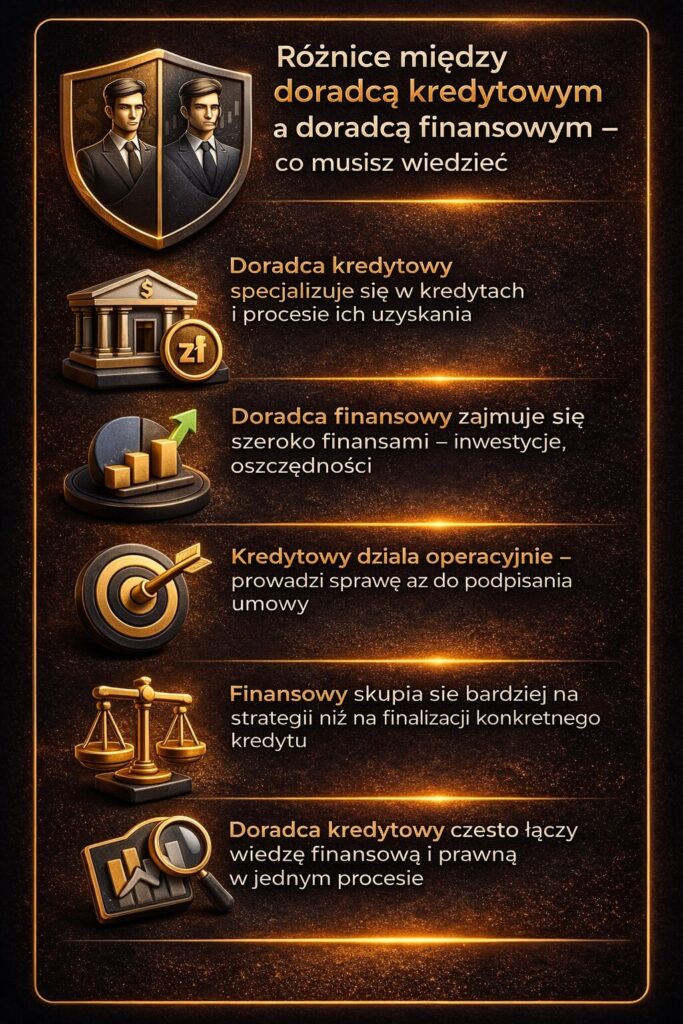 Doradca kredytowy specjalizuje się w kredytach hipotecznych i prowadzi klienta przez cały proces, w przeciwieństwie do doradcy finansowego. Łączy wiedzę prawną i finansową, zapewniając skuteczne i bezpieczne uzyskanie finansowania na mieszkanie lub dom.