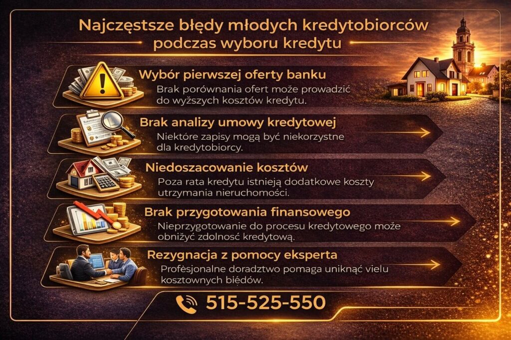 Infografika pokazująca najczęstsze błędy początkujących kredytobiorców przy wyborze kredytu hipotecznego. Grafika przedstawia brak porównania ofert banków, niedoszacowanie kosztów, brak analizy umowy kredytowej oraz rezygnację z pomocy doradcy finansowego.